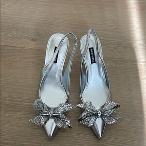 Nine West Metallic Silver Pointed Heels with Bow